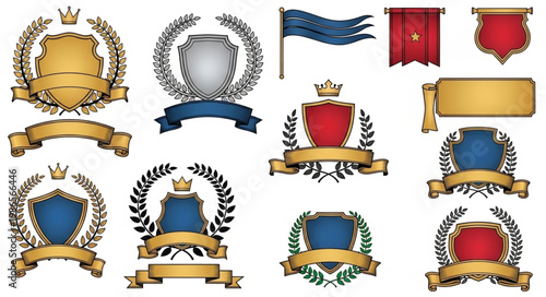 Collection of heraldic crests shields banners and emblems.