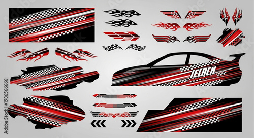Racing Car Decal Set with Flames and Checkered Patterns.