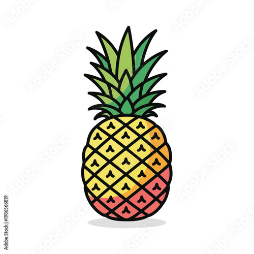 A colorful cartoon pineapple with green leaves and a gradient skin