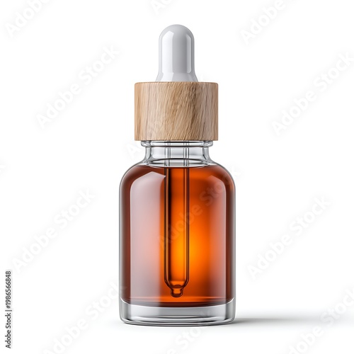Elegant amber dropper bottle with wooden cap on a soft background for product display