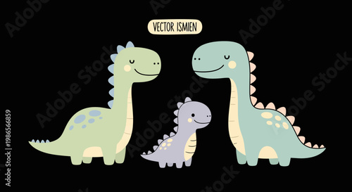 Cheerful Dinosaur Family: A charming family of three friendly dinosaurs standing together, spreading warmth and smiles on the background