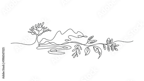 A continuous line drawing depicts a stylized tree abstract wavy landforms and a branch with leaves representing nature and simplicity line art