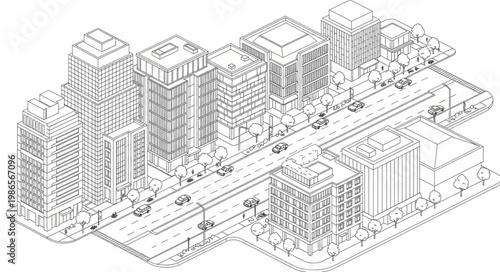 Isometric sketch of a bustling city street with tall buildings.