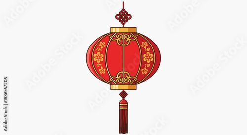 Traditional Chinese Red Lantern with Gold Ornate Patterns and Tassel, Isolated