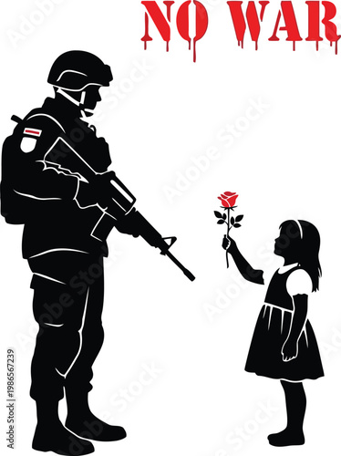 Soldier and little girl silhouette with rose expressing peace message against war conceptual street art
