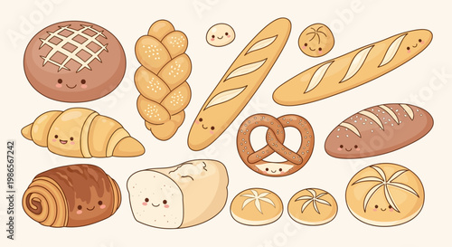 Cute bakery goods: A delightful assortment of freshly baked bread and pastries, each with an adorable expression, celebrating the joy of baking. Capturing the essence of a charming bakery.