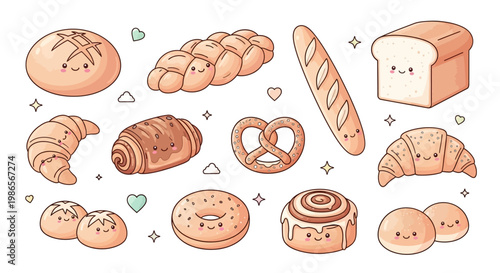 Baked Delights: a cheerful illustration featuring an assortment of freshly baked bread. each piece embodies a unique personality, rendered in a delightful, friendly style.  