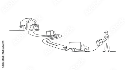 A continuous line drawing illustrating a logistics and delivery process from warehouse to customer with trucks and a courier line art