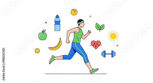 Healthy Lifestyle: A vibrant illustration depicts a person jogging amidst icons of healthy living, including fruits, water, and exercise equipment.