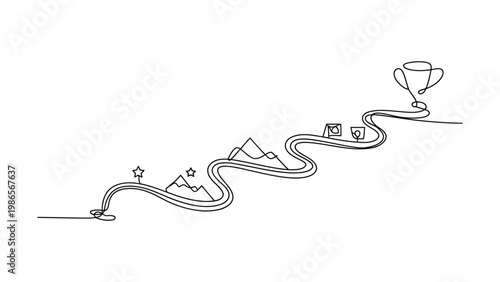 Billede på lærred A continuous line drawing representing a winding path with milestones like mount