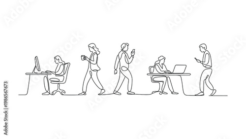 A diverse group of individuals engaged in various activities illustrating modern office life and digital communication captured in a continuous single line drawing style line art