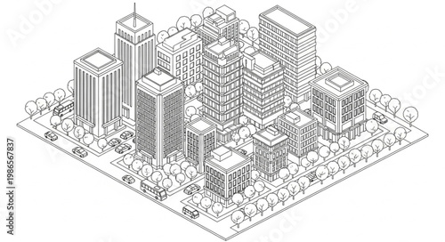 Detailed architectural drawing of a modern city skyline.