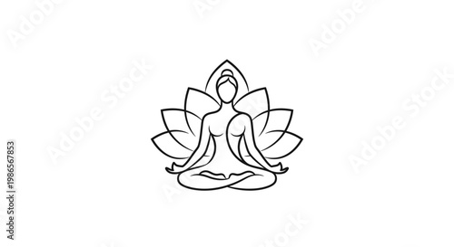Meditating woman in lotus pose with stylized flower petals, simple line art yoga symbol