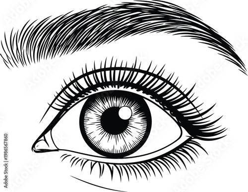 detailed hand drawn illustration of a human eye with thick eyebrows and long eyelashes isolated