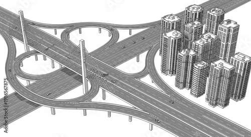 Complex highway interchange with multiple lanes and overpasses.