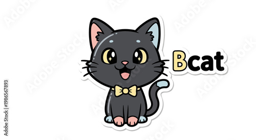 Cute Black Cat Character "Bcat" with Bow Tie, Kawaii Style, Cartoon Illustration
