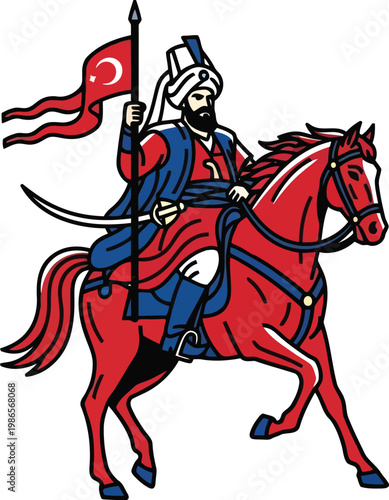 Ottoman Empire Sipahi Cavalry Soldier Riding Horse Holding Flag Vector Illustration Historical Warrior Graphic Design