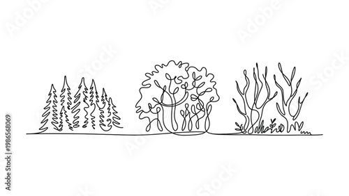 Abstract continuous line drawing featuring a variety of trees and foliage in a natural landscape setting representing diverse plant life line art