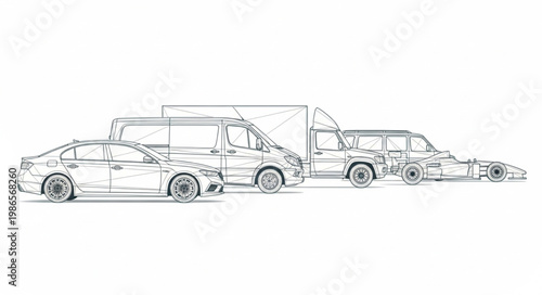 Diverse vehicles lined up in a row sketch.