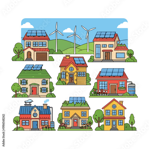 A colorful illustration of ecofriendly houses with renewable energy sources