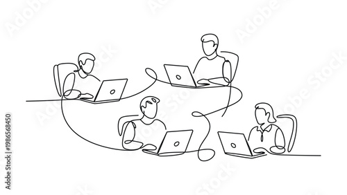 Abstract single line drawing of diverse people collaborating and communicating remotely using laptops in a connected network representing teamwork and digital workspace interactions line art