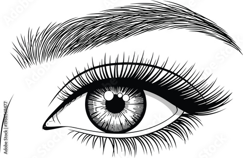 Beautiful female eye with detailed lashes and eyebrows hand drawn sketch isolated on white background