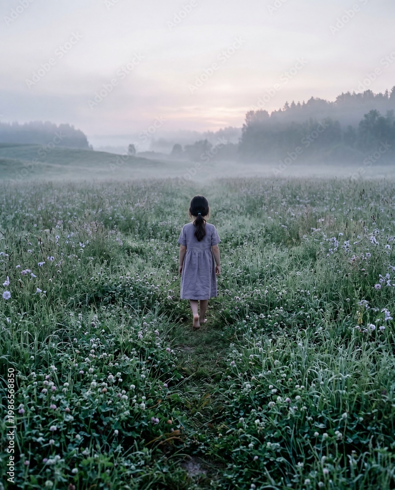 Fototapeta premium Little girl walking barefoot through a misty clover field at dawn