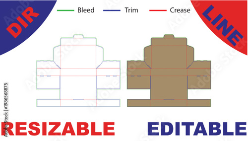 Isometric packaging box template with bleed, trim, and crease lines