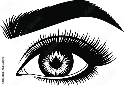 Elegant female eye with long eyelashes and shaped eyebrow black and white vector illustration icon