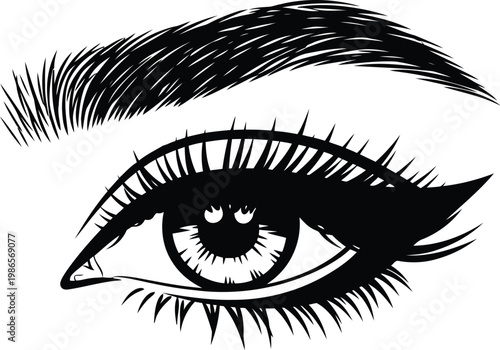 Beautiful female eye with long lashes and shaped eyebrow hand drawn sketch ink illustration isolated