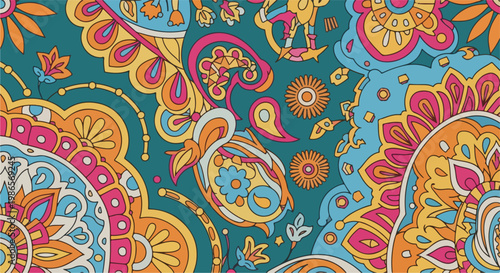 A colorful floral pattern with paisley and mandala designs