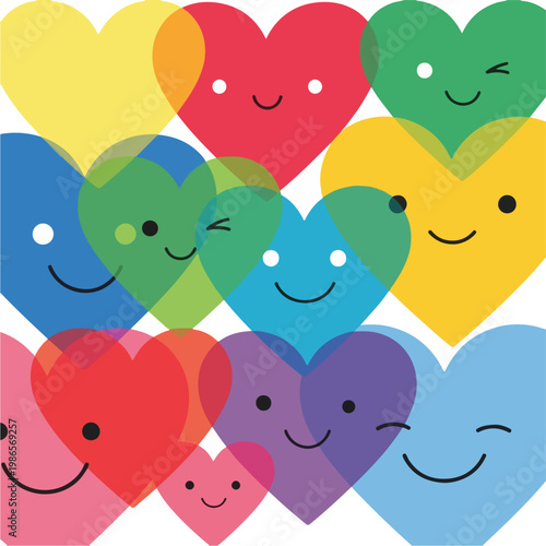 A colorful arrangement of smiling hearts