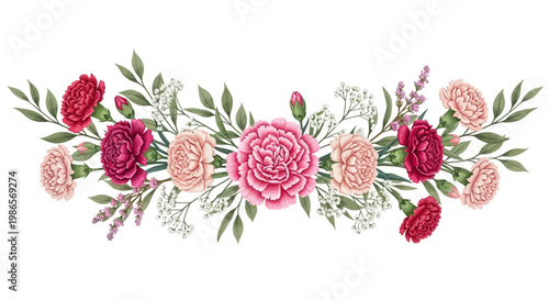 Elegant Watercolor Floral Garland with Pink and Red Carnations, Green Leaves, and White Filler Flowers, Ideal for Wedding Invitations and Decorative Design Elements