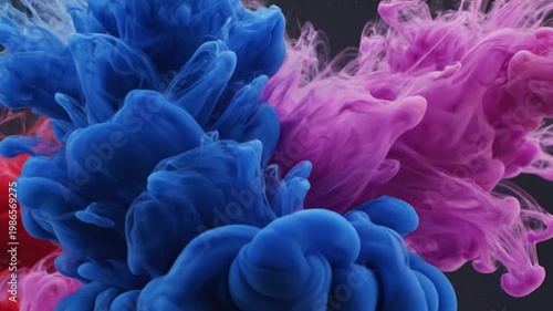 Abstract blue and purple ink clouds in water, vibrant swirling liquid paint explosion, artistic smoke texture background for creative motion design