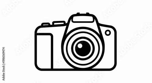 Simple line art icon depicting a modern digital camera, an essential device for professional photographers and enthusiasts to capture memories and visual content