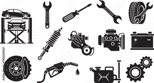 Car repair tools and parts illustration set black