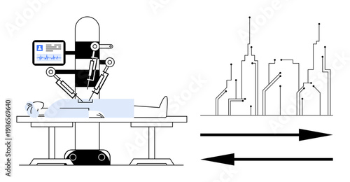 Medical innovation, surgical robotics, healthcare technology, AI in medicine, future surgery, urban development. Robotic arm operating on a patient, futuristic cityscape interconnected. Medical