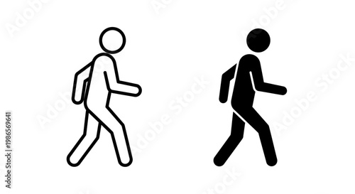 Dynamic vector icons of a walking human figure, presented in both outline and solid black silhouette, perfect for communicating swift movement, pedestrian paths, and active presence in design