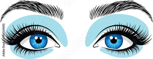 Beautiful female blue eyes with long eyelashes and mint green eyeshadow illustration for beauty design