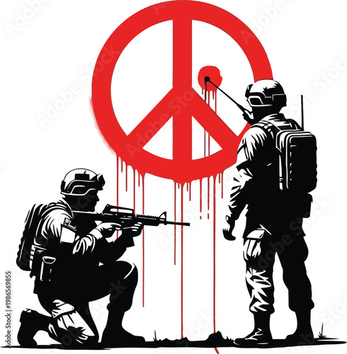 soldiers painting red peace symbol graffiti on wall anti war concept protest street art illustration