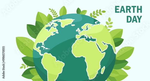 Illustration of planet Earth surrounded by green leaves, symbolizing environmental protection and Earth Day celebration