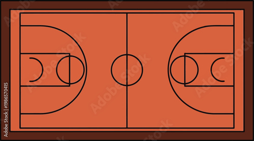 Top view illustration of a standard professional basketball court layout with markings and paint zones