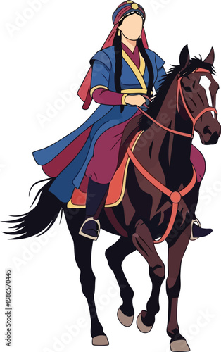 Central Asian nomadic woman in traditional clothing riding black horse isolated on white background illustration