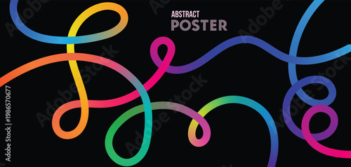 Foto Abstract poster featuring colorful gradient lines curving across a dark black ba