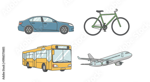 Modes of Transport: Illustration showcasing a variety of transport vehicles for diverse travel choices. Car, bike, bus, and plane. 