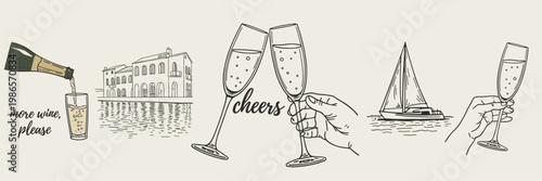 Hand drawn set featuring champagne flutes clinking for a toast a wine bottle pouring into a glass a coastal villa building by the water and a sailboat on the sea with text accents