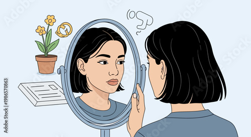 Illustration of a woman looking in the mirror with a confused and anxious expression, reflecting self-doubt and uncertainty