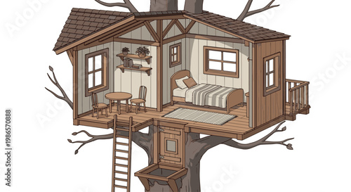 Detailed cutaway illustration of a cozy, multi-room treehouse with a bedroom and dining area. A whimsical and sustainable architectural design concept set in nature.