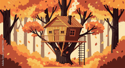 A charming vector illustration of a cozy wooden treehouse nestled in a vibrant orange and yellow autumn forest with a smoking chimney.