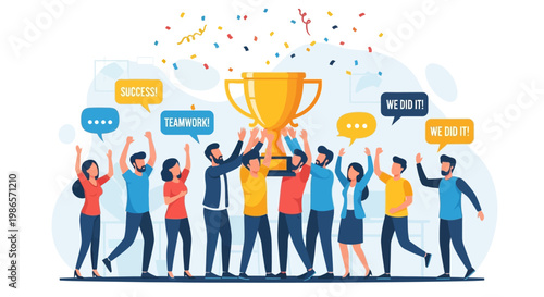Triumphant Celebration with Trophy: A vibrant illustration depicts a jubilant group of individuals celebrating success, with a golden trophy held high, showering confetti in a visual celebration. 